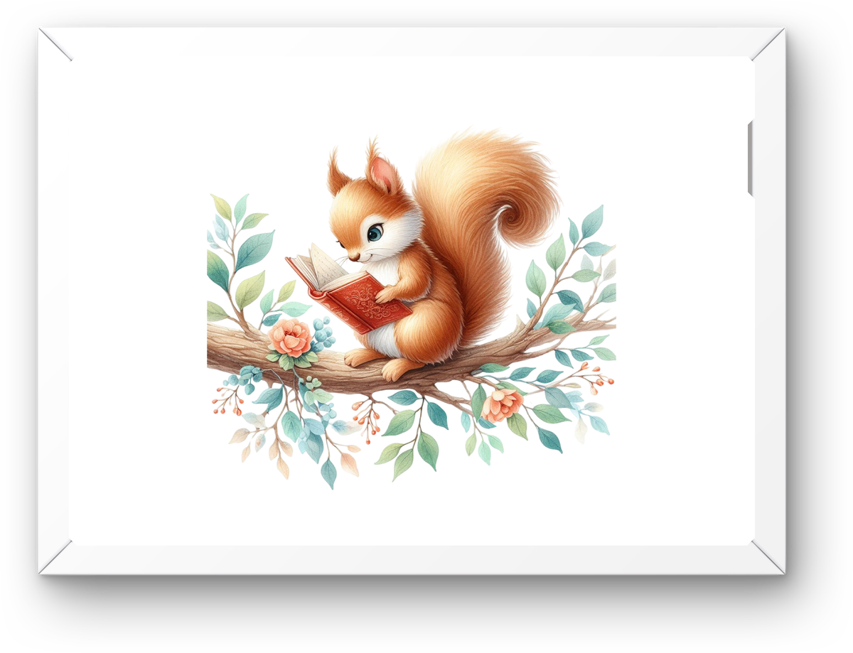 Watercolor Squirrel Reading Wall Art | Cozy Woodland Book Lover Print | Nursery Reading Nook Gift
