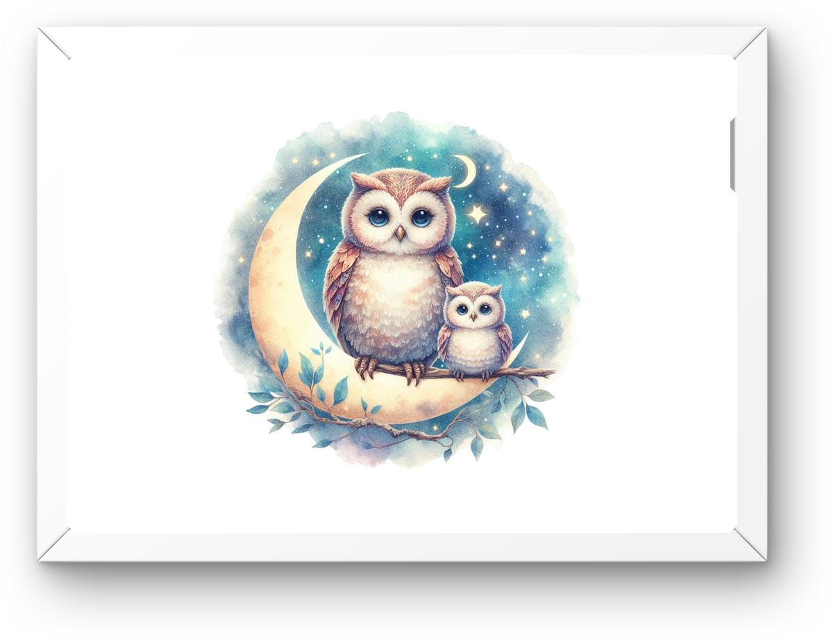 Owl Mom and Baby on Moon Wall Art | Watercolor Nursery Print | Kids Room Baby Shower Gift