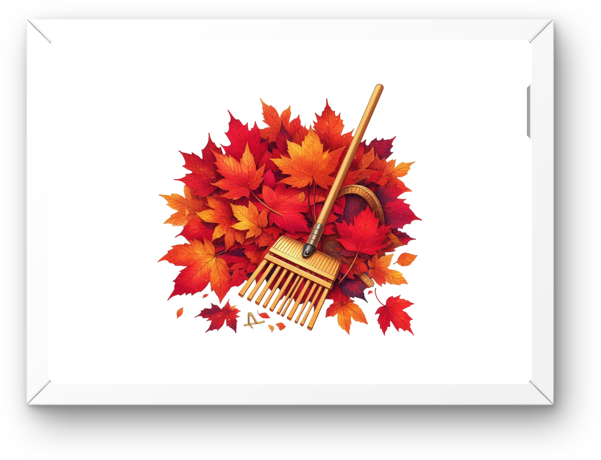 Autumn Leaves and Rake Wall Art | Vibrant Fall Foliage Print | Seasonal Home Gift