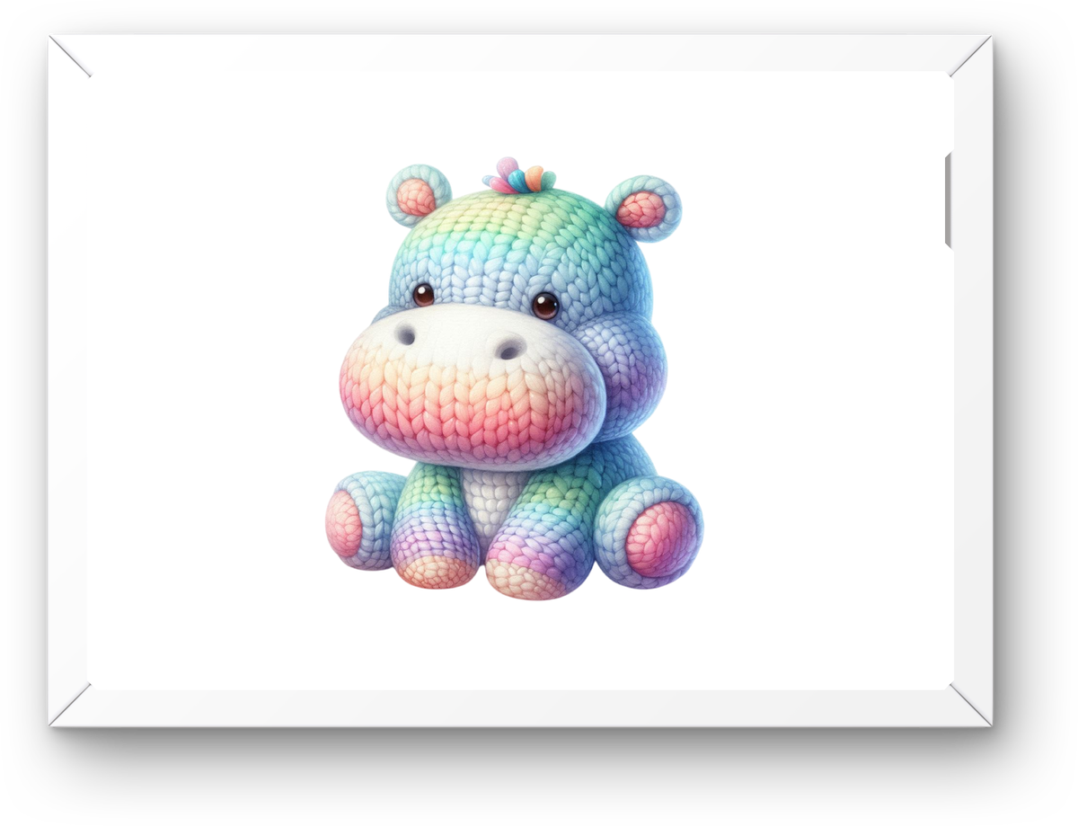 Rainbow Crochet Hippo Wall Art | Cute Pastel Amigurumi Print | Kids Nursery Gift
