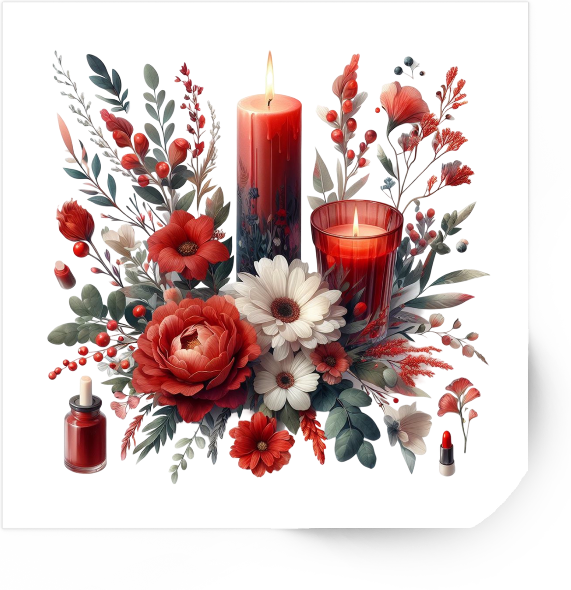 Red Candle Floral Bouquet Sticker | Watercolor Winter Flowers Vinyl Decal | Cozy Holiday Gift