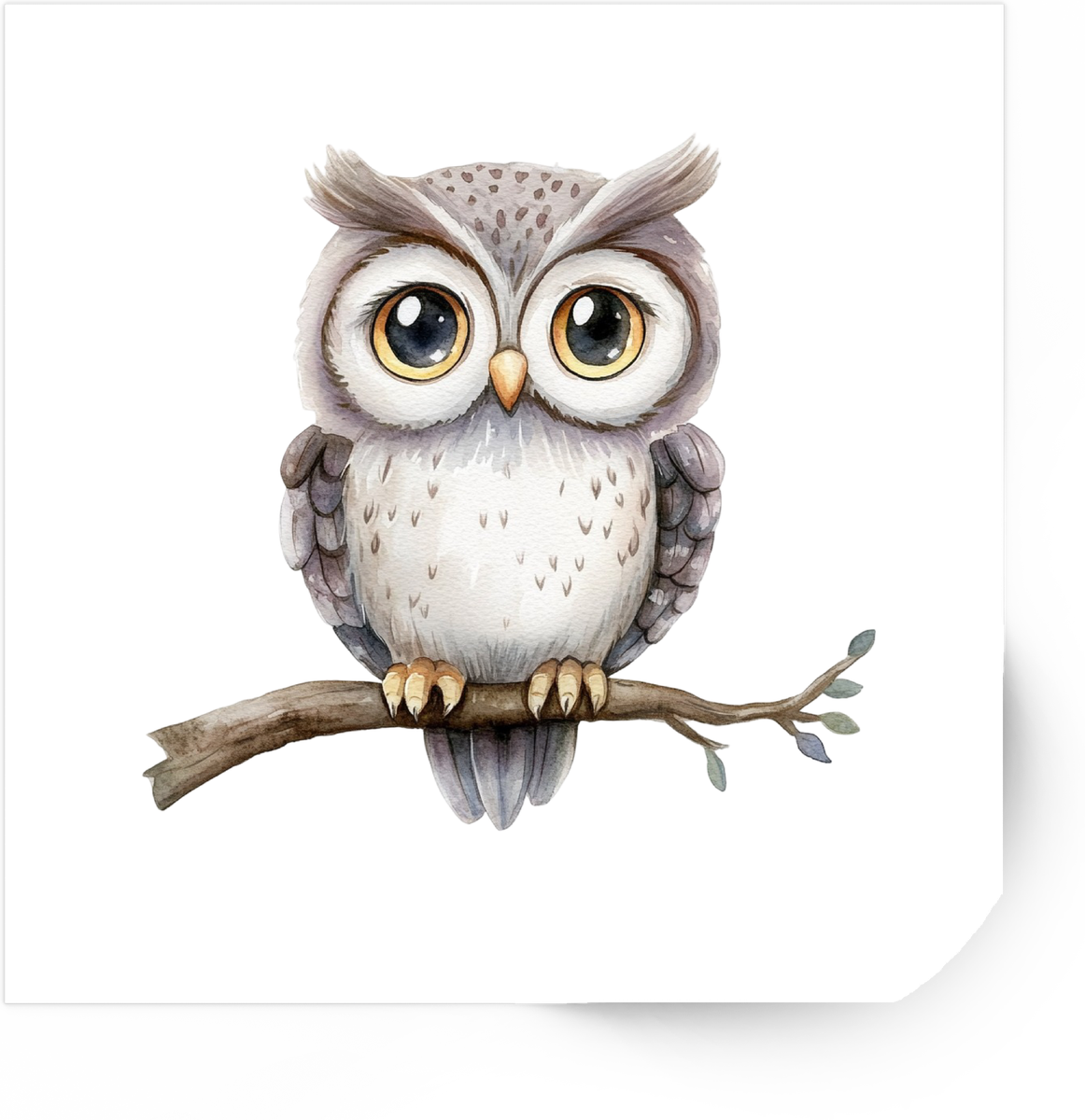 Cute Owl on Branch Sticker | Watercolor Big-Eyed Bird Vinyl Decal | Nature Kids Gift